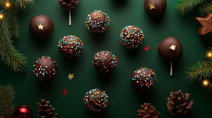 68.A top-down view of chocolate-covered cake pops with colorful star sprinkles, arranged on a dark green background. The scene is framed by subtle holiday decorations like pine cones, holly leaves,