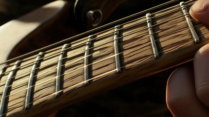 Obraz premium Close-up view of guitar strings and fingers in natural light