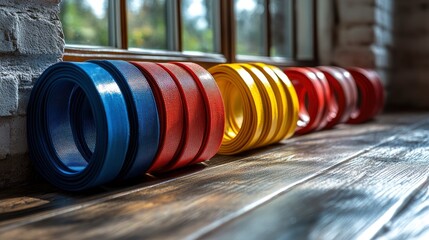 Naklejka premium Colorful resistance bands arranged neatly by a bright window