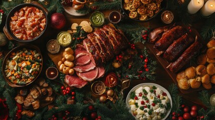 98.A top-down view of a Christmas dinner table filled with a variety of festive dishes, including roast meats, vegetables, and desserts. The table is decorated with candles, garlands, and ornaments,