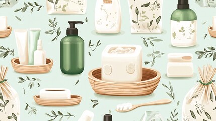 Seamless pattern featuring eco friendly bathroom essentials including biodegradable products bamboo soap dishes and zero waste bags  Showcasing a sustainable