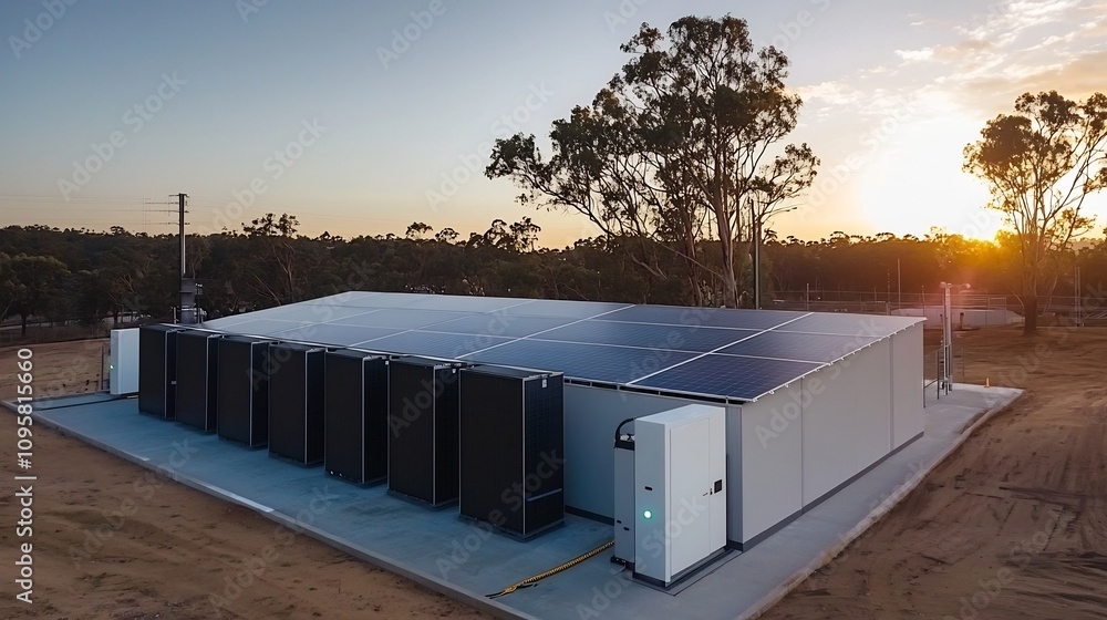 Poster cutting edge solar energy array with massive battery storage units in an industrial setting for rene