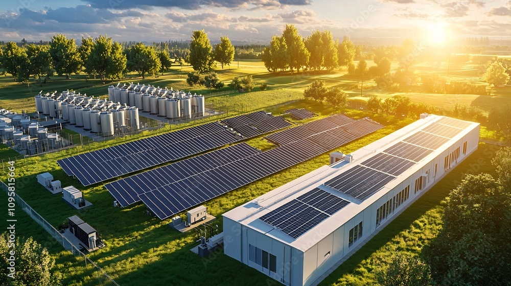 Poster cutting edge solar energy array with massive battery storage units positioned in an expansive indust