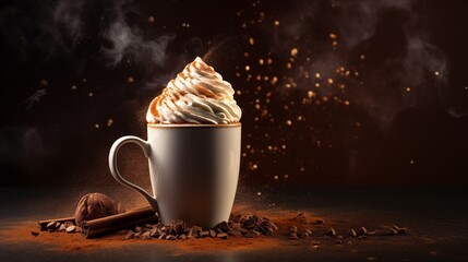 a hot chocolate mug with whipped cream and cocoa powder space on the left side Golden Hour Lighting,generative ai illustration