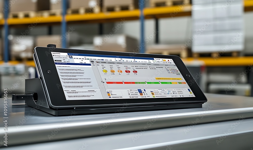 Poster a tablet displaying software in a warehouse setting for inventory management.
