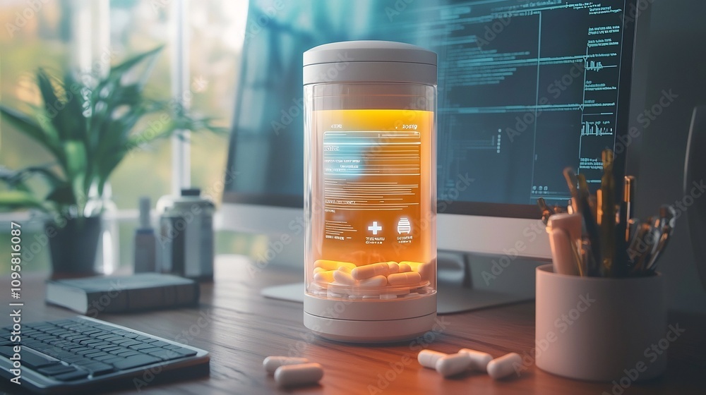 Poster digital pill bottle with customized dosage instructions displayed on screen for personalized medicin