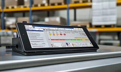 A tablet displaying software in a warehouse setting for inventory management.