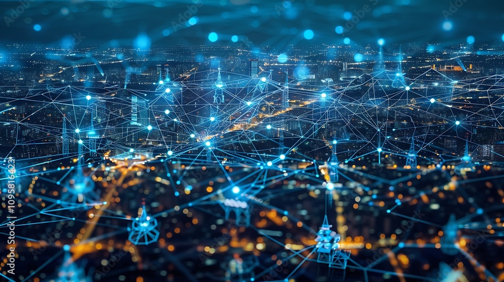 Poster aerial view of a futuristic city at night, showcasing a complex network of interconnected nodes and 