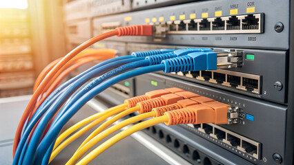 Naklejka premium A set of various network cables, all of them connected to the network infrastructure .