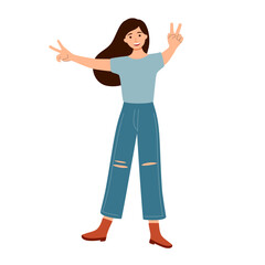 Young woman showing peace fingers sign. Hipster female making victory, winner gesture character expression in flat design vector illustration.