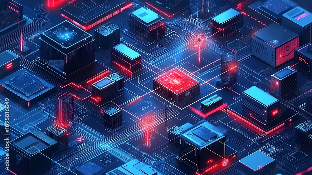 Poster futuristic ai powered network diagram with cybersecurity threat monitoring and response