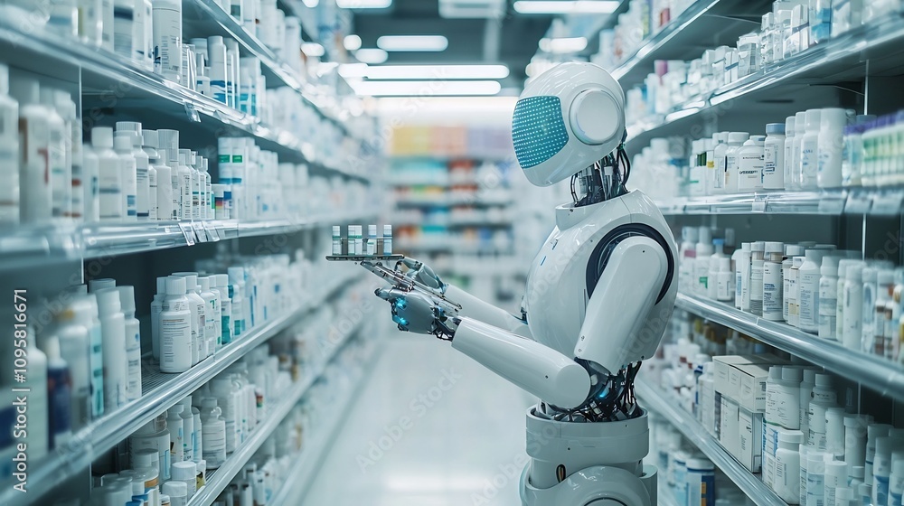 Aufkleber futuristic ai powered robotic pharmacy efficiently sorting and dispensing medications with precise a
