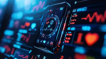 Futuristic AI powered wearable device with holistic health monitoring capabilities tracking vital statistics and biometrics in real time and providing smart feedback to the user