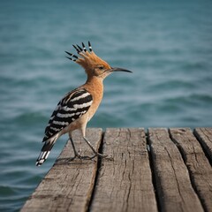 Obraz premium A hoopoe standing on a wooden dock with a calm sea stretching out behind it.