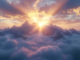 A breathtaking sunrise over majestic mountain peaks, illuminating the clouds below with soft golden rays, creating a serene and picturesque landscape.