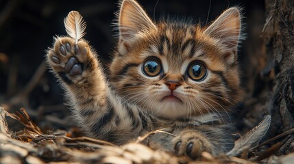 Adorable kitten plays with a feather in its cozy surroundings