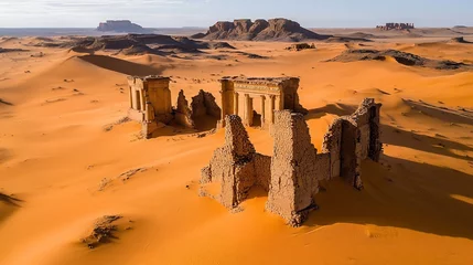 Sweeping aerial view showcasing the majestic and mysterious ruins of an ancient civilization lost in the vast desert landscape