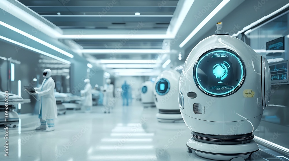 Poster futuristic hospital setting with advanced intelligence powered robotic assistants collaborating with