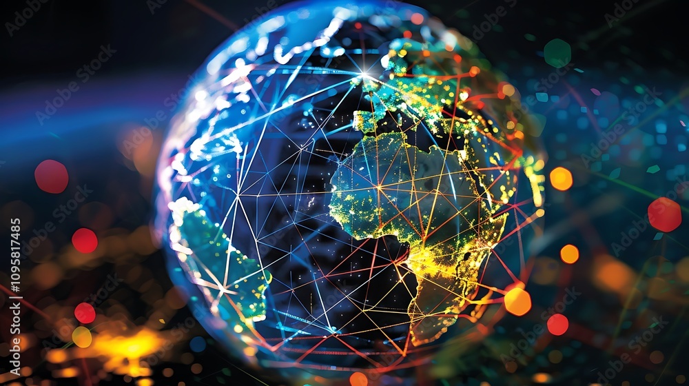 Aufkleber depicting earth as a network of interconnected points, symbolizing global communication and digitali