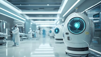 Obraz premium Futuristic hospital setting with advanced intelligence powered robotic assistants collaborating with medical professionals to provide healthcare services and support to patients in a cutting edge