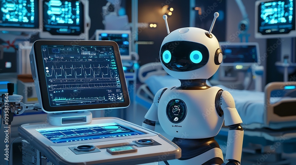 Poster futuristic robot assistants aiding doctors and patients in a high tech hospital setting with advance
