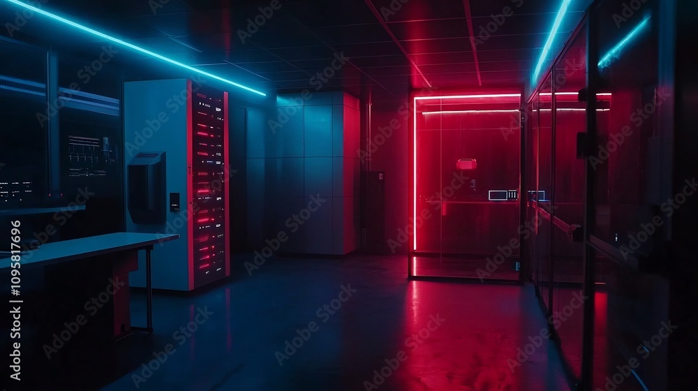 Poster futuristic server room with intense red and blue neon lighting representing an advanced ai powered c