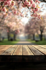 Fototapeta premium Wooden Table Background with Blooming Cherry Blossoms