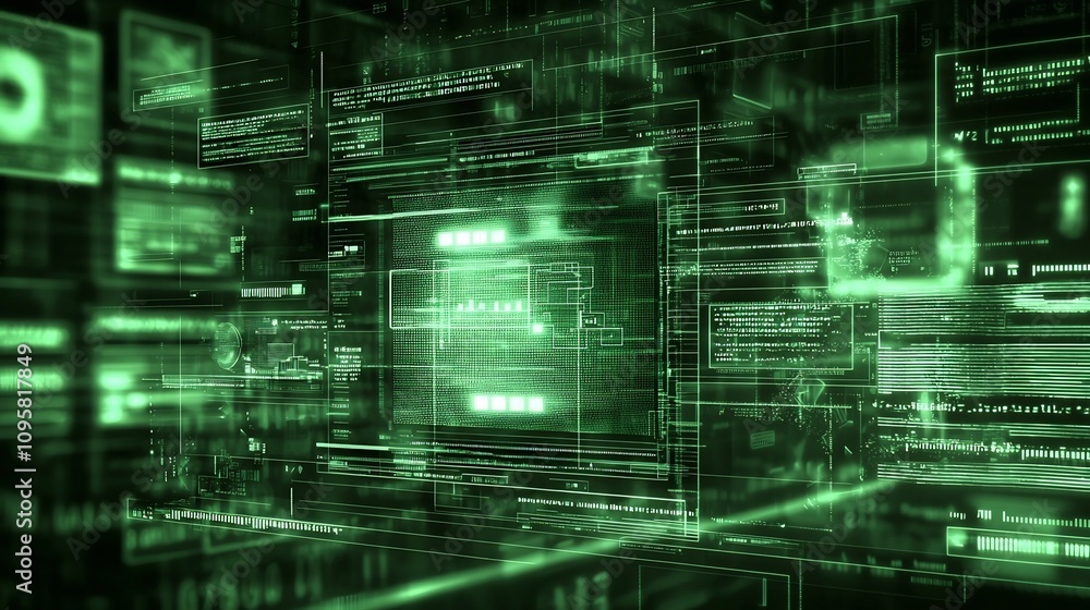 Poster futuristic virtual interface showcasing the steps and security features of a seamless cashless digit