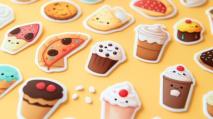 Vibrant and Appetizing Food Themed Sticker Collection Featuring a Variety of Delicious Treats Such as Pizza Ice Cream Coffee Cups and Other Cute and Mouth Watering Designs