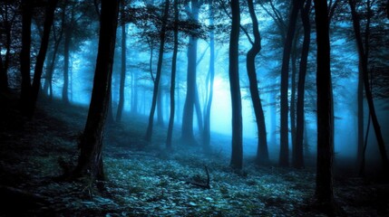 Fototapeta premium Eerie forest with thick mist and faint moonlight shining through the shadows of the trees