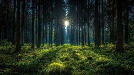 Obraz premium Enchanted forest at night with moonlight filtering through tall trees, creating a mystical glow