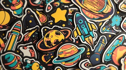 Obraz premium Vibrant and Colorful Space Themed Sticker Collection Featuring Planets Stars Rockets Astronauts and Other Celestial Elements in a Cosmic Futuristic Style Great for Outer Space Themes