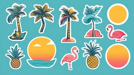 Vibrant and colorful tropical summer sticker set featuring palm trees  sunsets  pineapples  and flamingos in a fun  flat  and graphic style  Perfect for summer vacation  beach