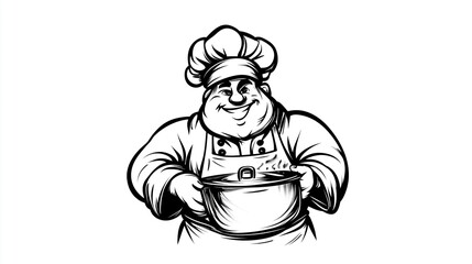 Chef Holding Pot Line Art Illustration