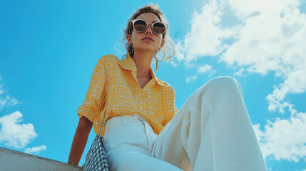 A woman poses confidently in a yellow shirt and white pants under a bright blue sky