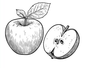 Hand Drawn Apple Illustration, Whole Fruit and Cross Section Slice