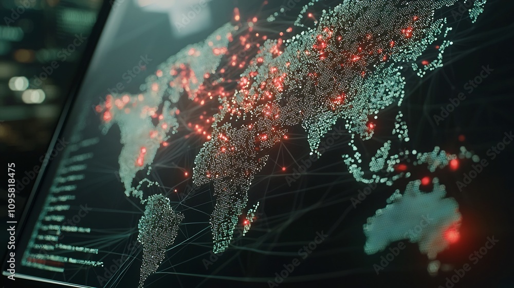 Poster holographic cybersecurity threat map showing global digital threats and risks detected by advanced a