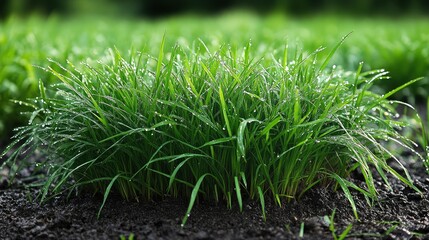 Obraz premium Lush green grass with morning dew glistening in sunlight