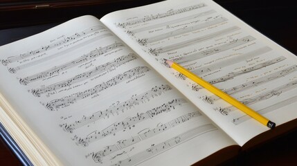 Musical notation with handwritten notes and a yellow pencil on sheet music