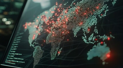 Holographic cybersecurity threat map showing global digital threats and risks detected by advanced analytics and intelligence systems on a futuristic interface
