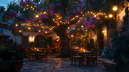 Cozy Patio with String Lights and Flowers 3D Illustration