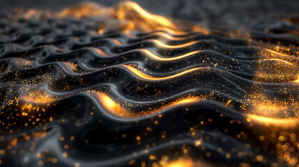 A mesmerizing abstract digital art piece featuring golden waves on a dark background. Perfect for adding a touch of elegance and mystery to any space.