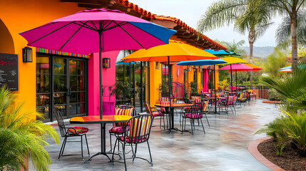 Colorful Patio Tables and Chairs with Umbrellas - Illustration