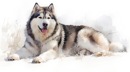 Obraz premium A watercolor Alaskan Malamute lying with its tongue slightly out, looking joyful and relaxed, painted delicately on white