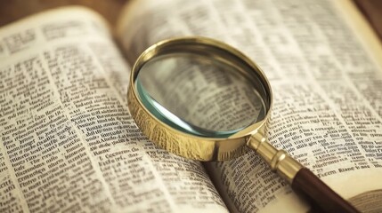 Magnifying glass resting on an open book with text