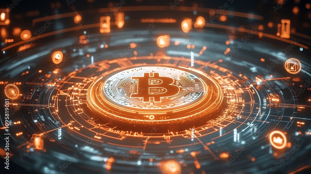 Poster layered papercut representation of bitcoin cryptocurrency surrounded by interconnected blockchain ne