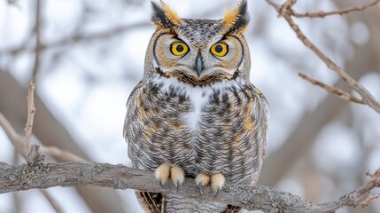 Majestic owl perched on a branch against a blurred background