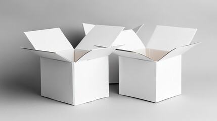 Minimalist white boxes with open flaps on a gray background