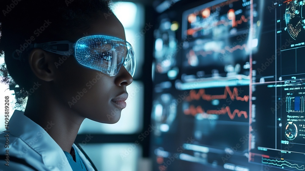 Poster nurse using an advanced ai driven tablet to monitor and analyze multiple patients health data on a c