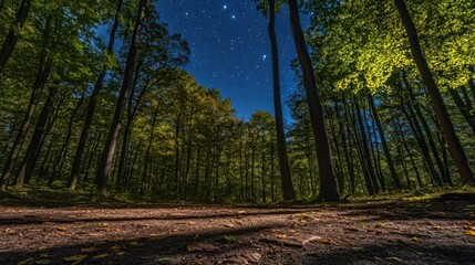 Obraz premium Moonlight casting dappled patterns on the forest floor, with stars visible above the canopy